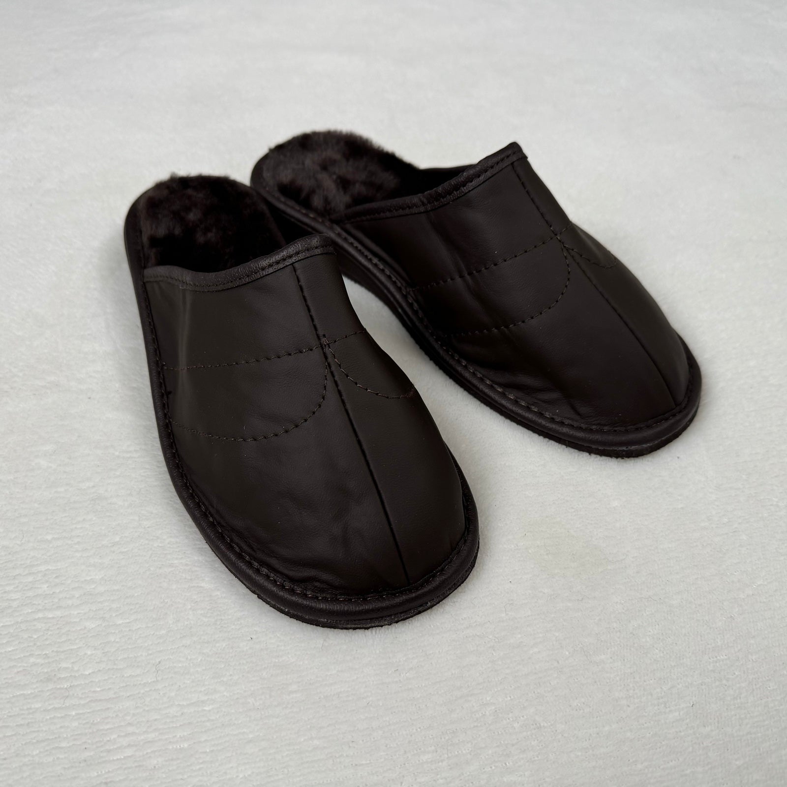Herren Lammfell Hausschuhe Slipper Glattleder braun