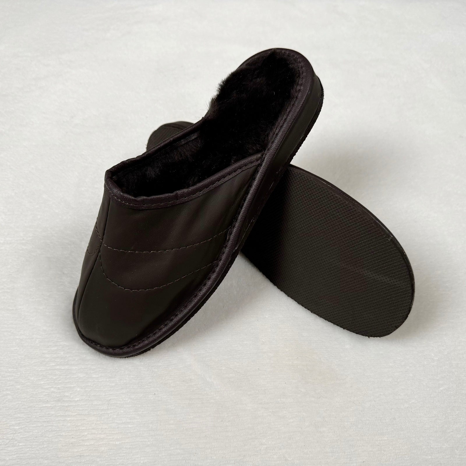 Herren Lammfell Hausschuhe Slipper Glattleder braun