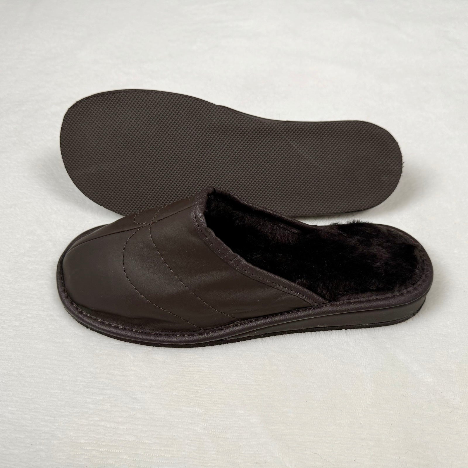 Herren Lammfell Hausschuhe Slipper Glattleder braun
