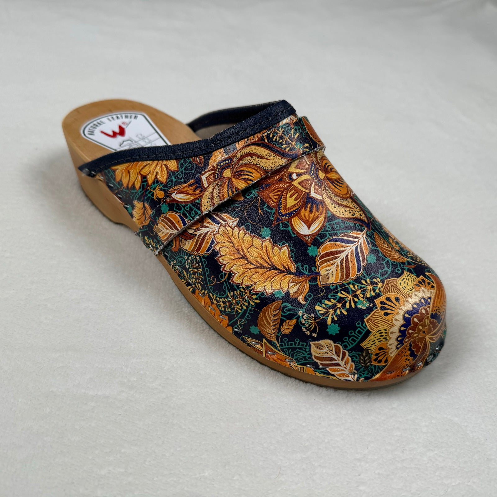 Schwedenclogs Clogs Leder Holz braun geblümt