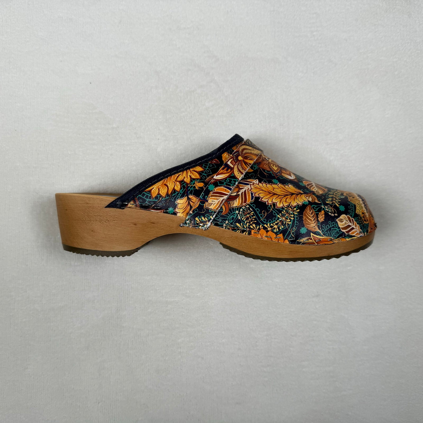 Schwedenclogs Clogs Leder Holz braun geblümt