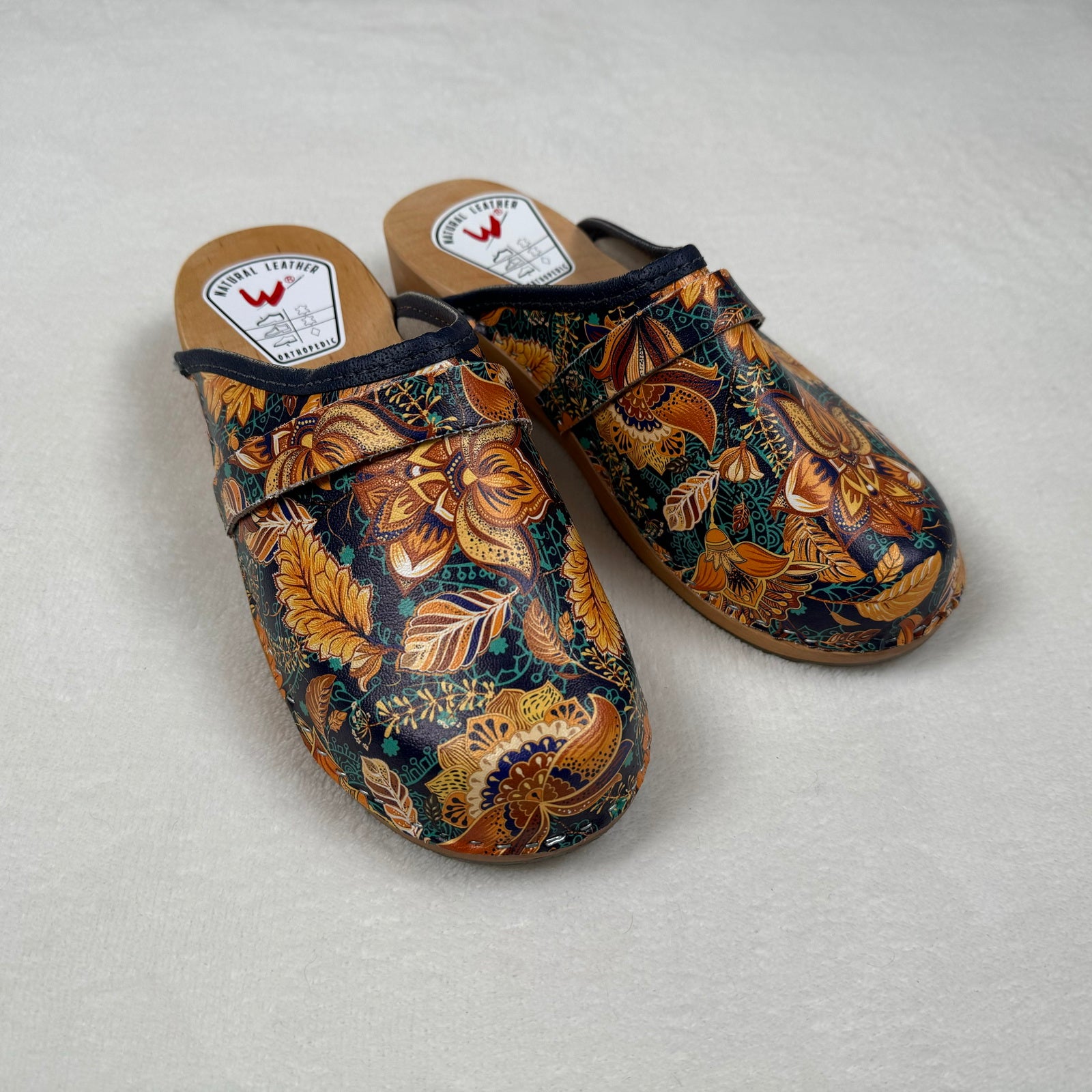 Schwedenclogs Clogs Leder Holz braun geblümt