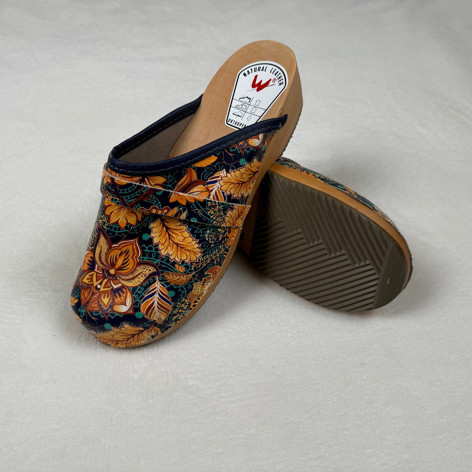 Schwedenclogs Clogs Leder Holz braun geblümt