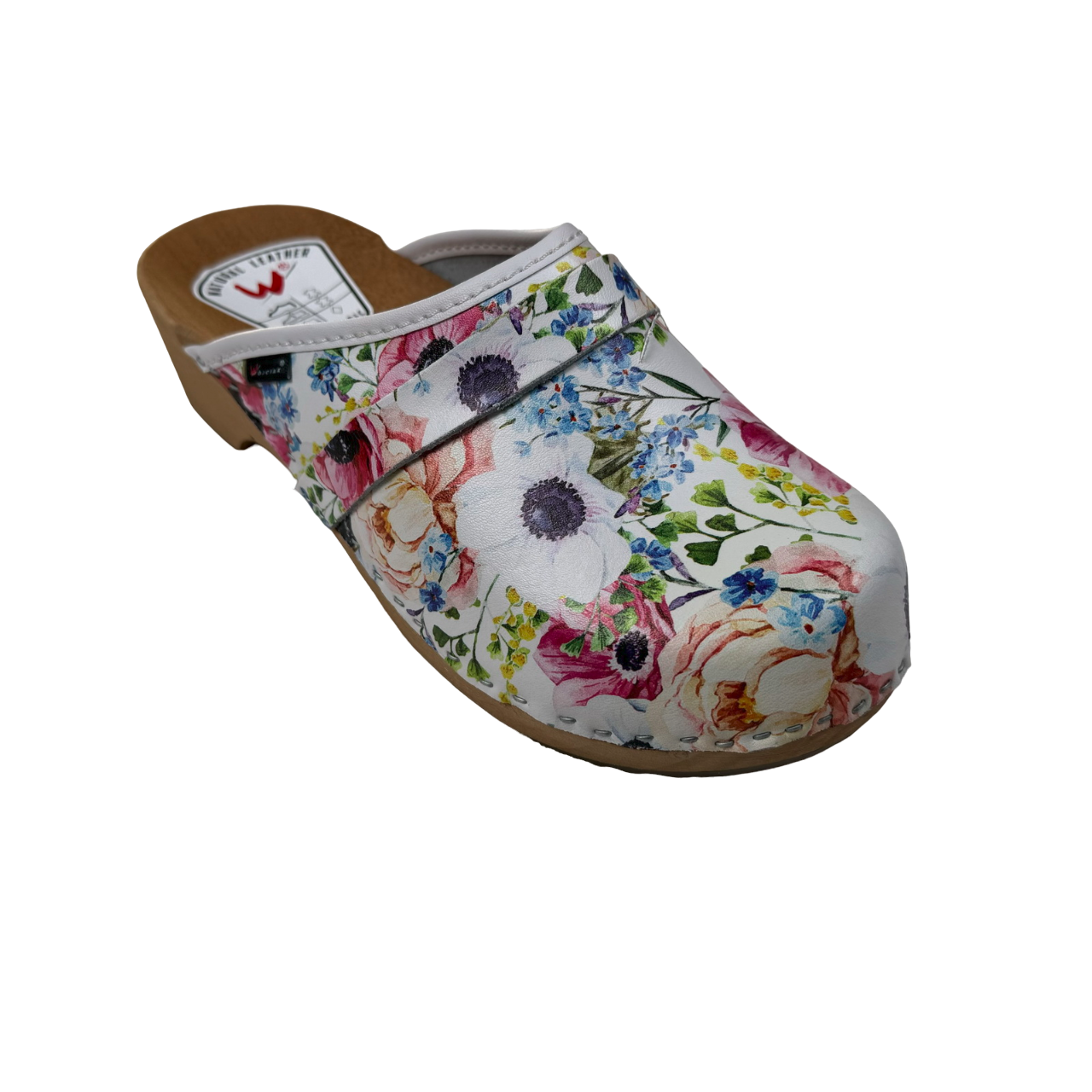 Schwedenclogs Clogs Leder Holz weiss geblümt