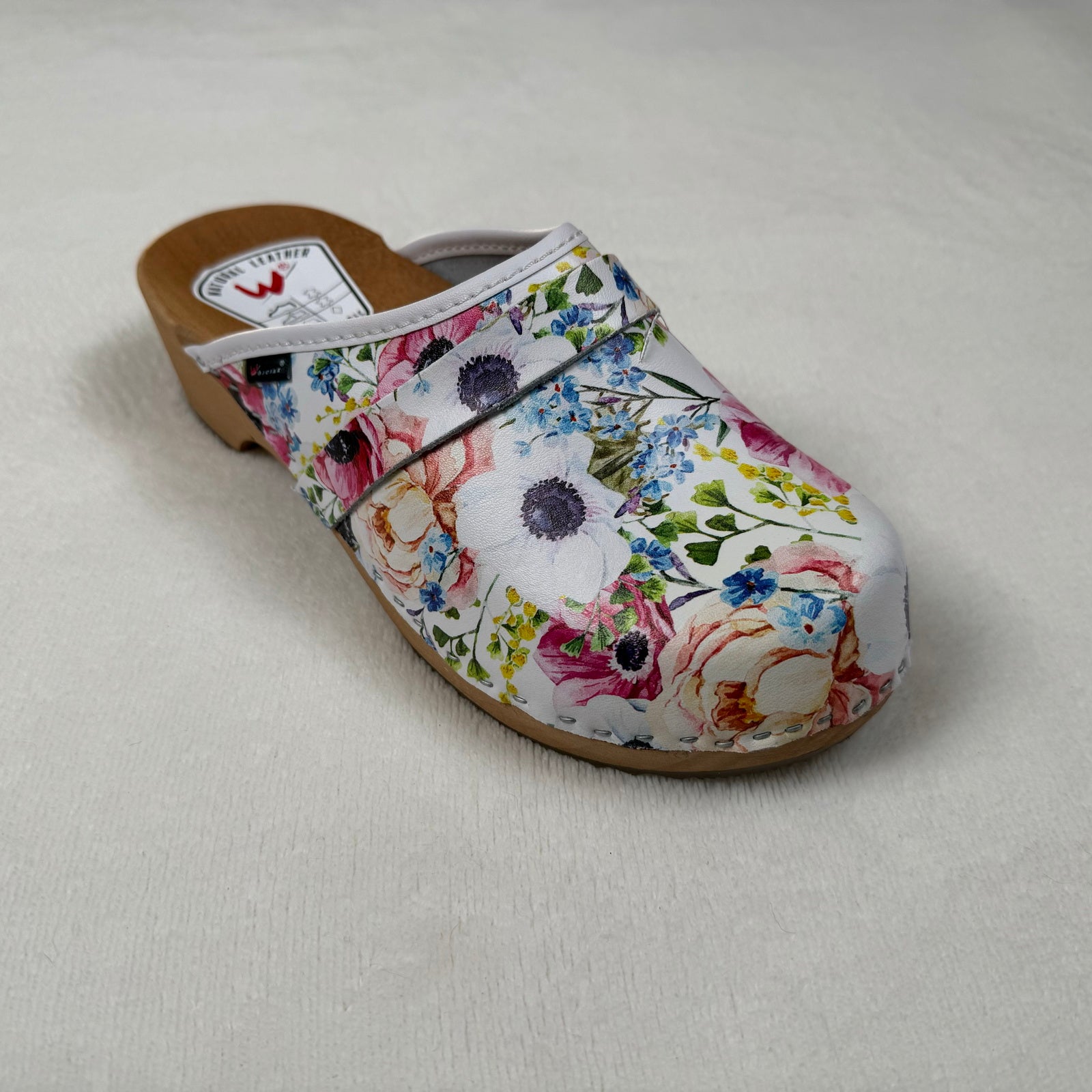 Schwedenclogs Clogs Leder Holz weiss geblümt