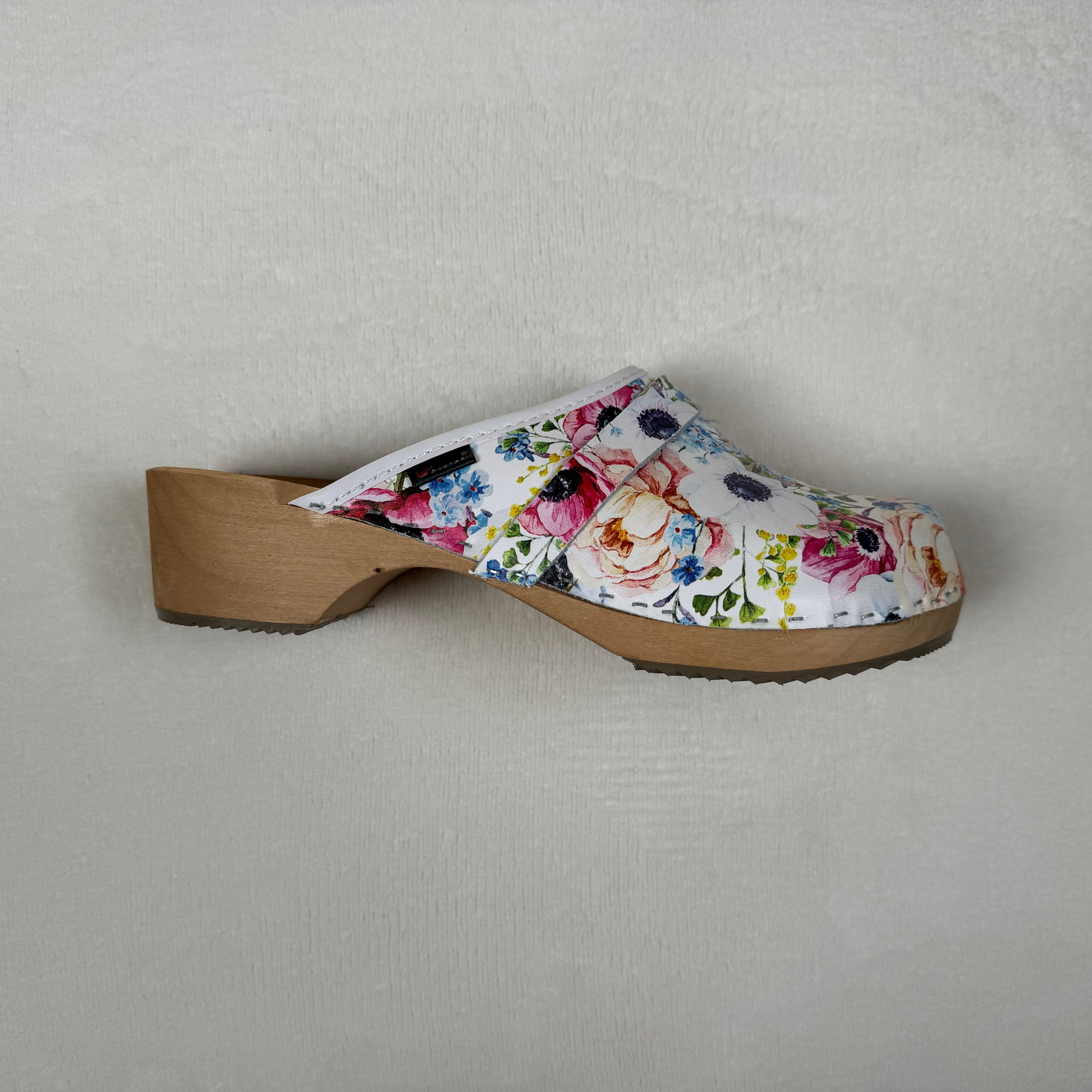 Schwedenclogs Clogs Leder Holz weiss geblümt