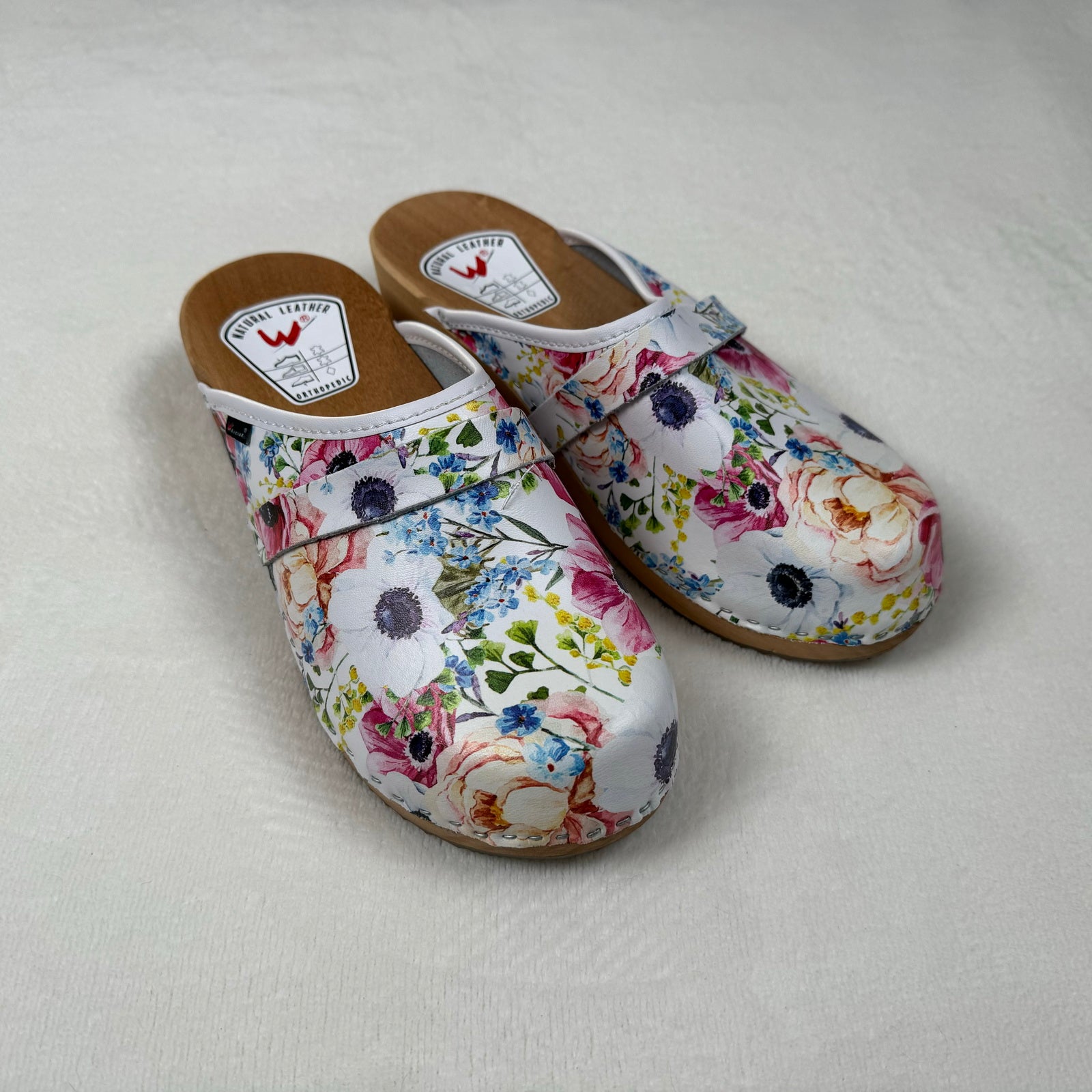 Schwedenclogs Clogs Leder Holz weiss geblümt