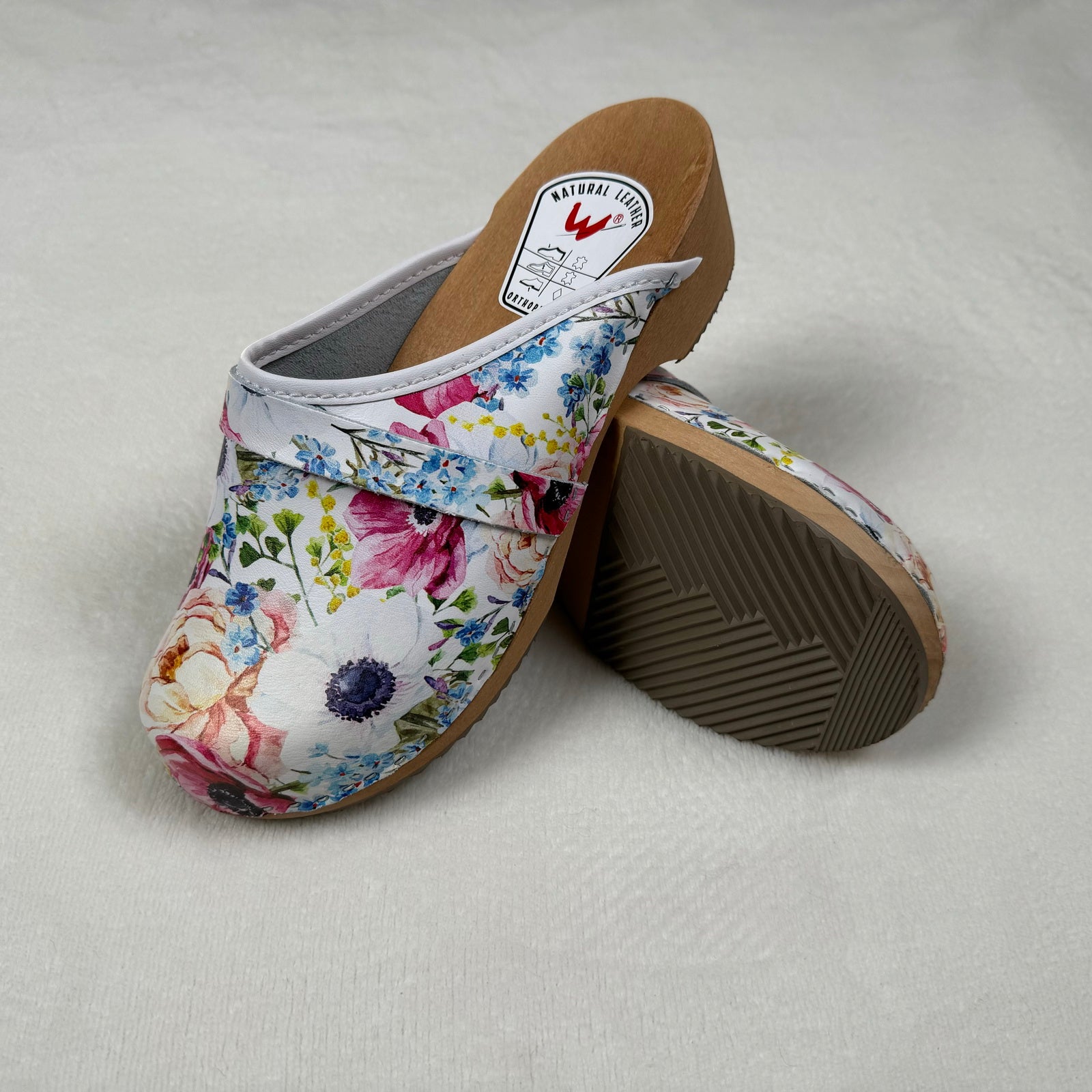 Schwedenclogs Clogs Leder Holz weiss geblümt