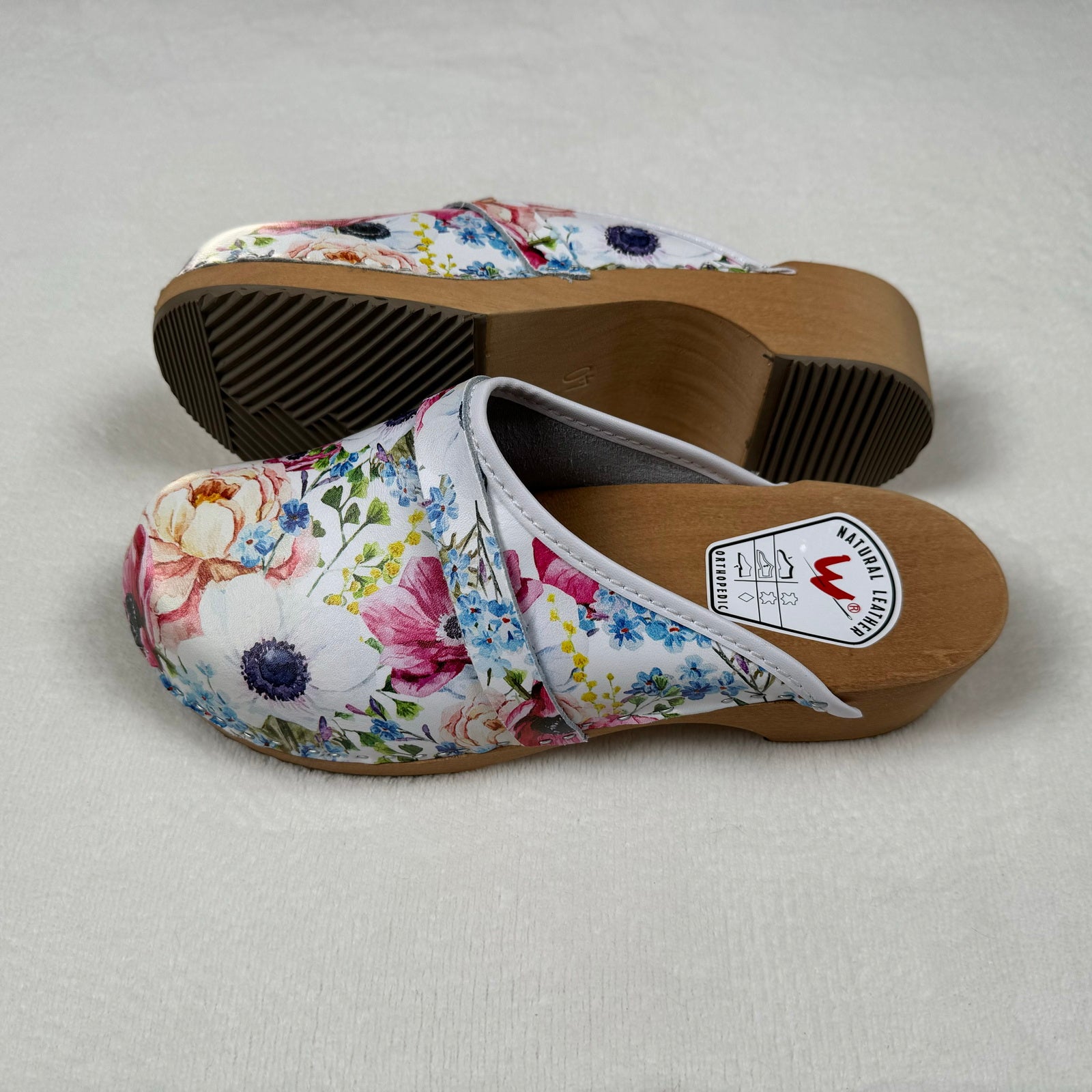 Schwedenclogs Clogs Leder Holz weiss geblümt