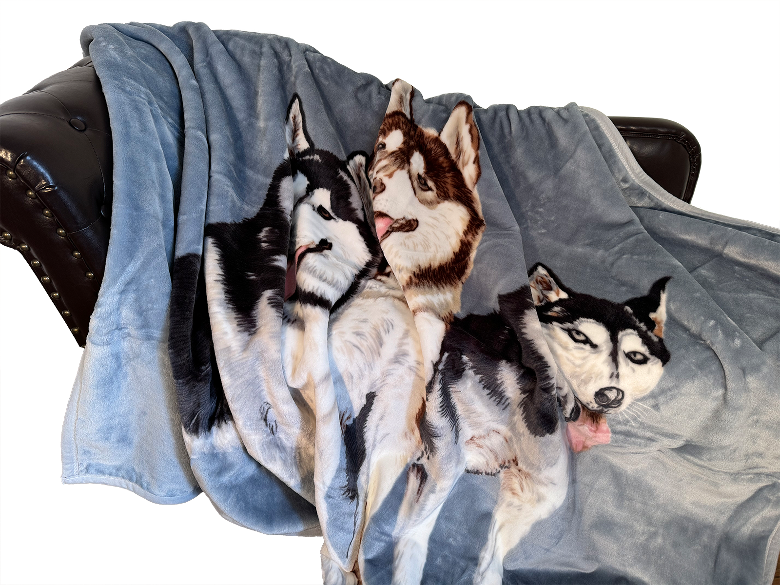 Kuscheldecke Tagesdecke Wohndecke Tiermotiv 3 Huskies blau - 2. Wahl