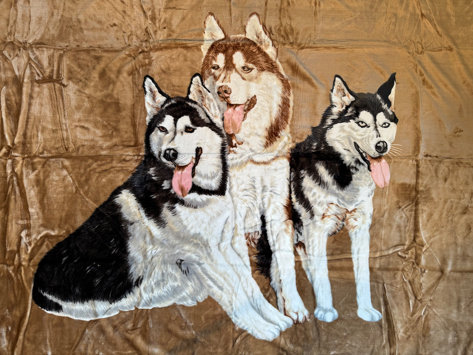 Kuscheldecke Tagesdecke Wohndecke Tiermotiv 3 Huskies braun