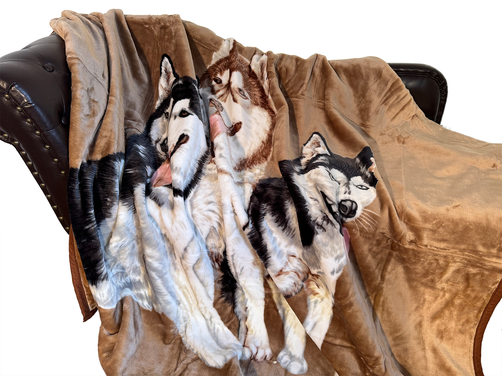 Kuscheldecke Tagesdecke Wohndecke Tiermotiv 3 Huskies braun