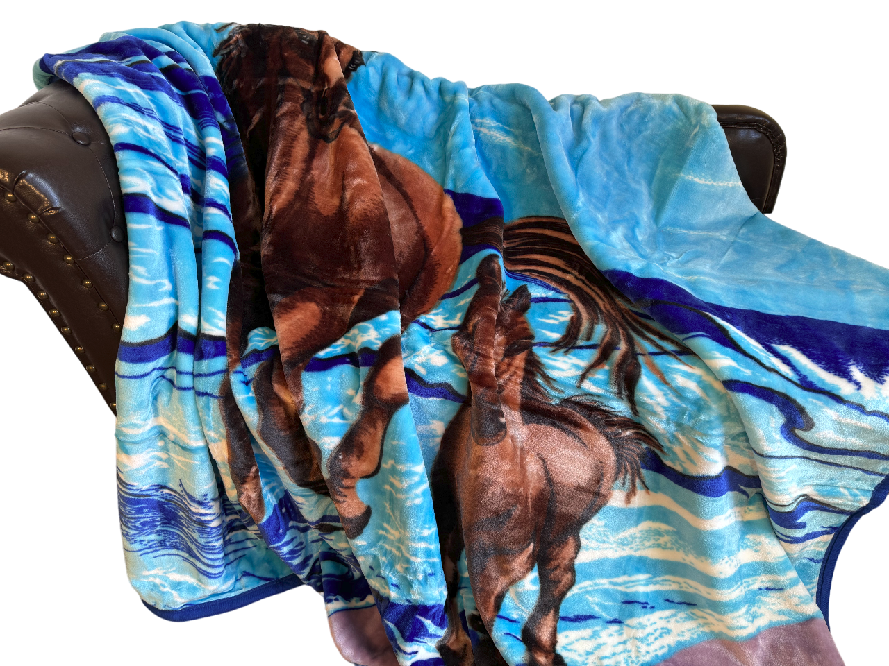 Kuscheldecke Tagesdecke Wohndecke Tiermotiv Pferd mit Fohlen blau
