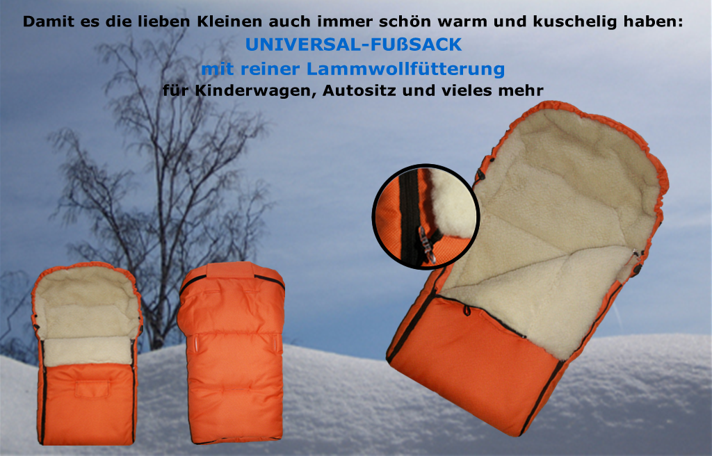 Baby Universal Fußsack mit echter Lammwoll-Fütterung orange